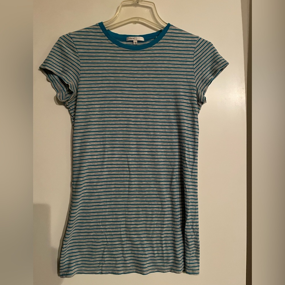 VINCE- Cotton Short Sleeve Crew Neck T Shirt Top  Grey/Turquoise Striped